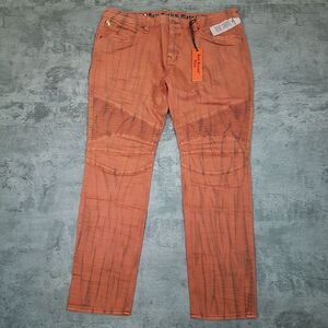 ROCK REVIVAL Ivan Slim Straight‎ Moto Biker Jeans Mens 38x32 Tan Khaki